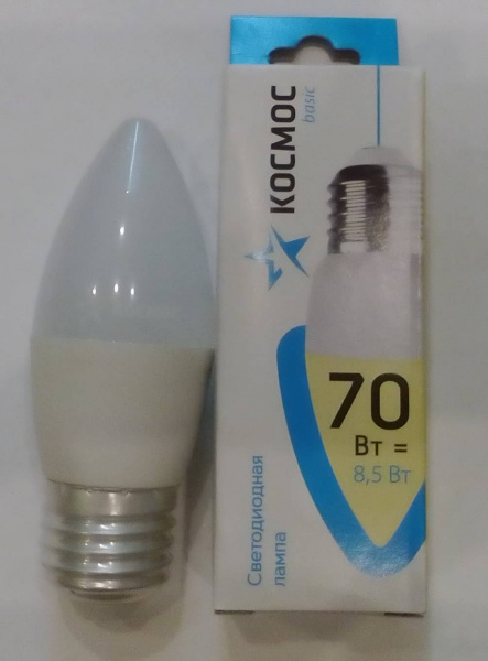 Космос Экономик/BASIC лампа светодиод. CN  8,5W E27 3000K Свеча (80) оптом