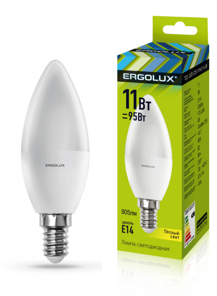 Ergolux лампа C35 LED11-/3000K/E14 СВЕЧА светод. 10/100 оптом