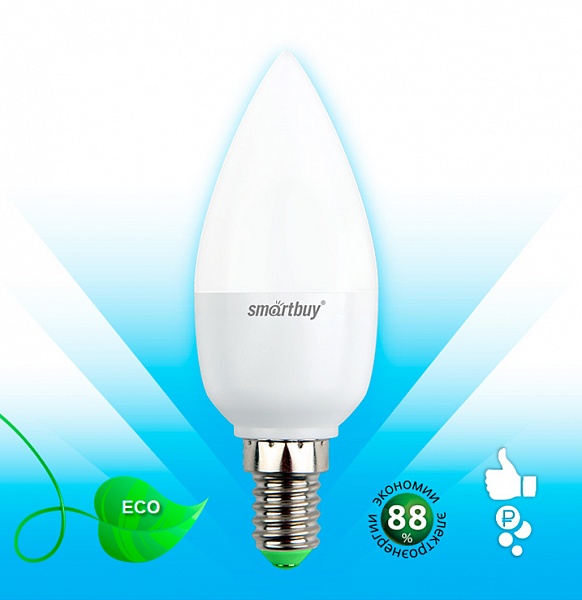Smartbuy лампа LED-СВЕЧА  5 Вт E14 3000K SBL-C37-05-30K-E14 (10\100) оптом