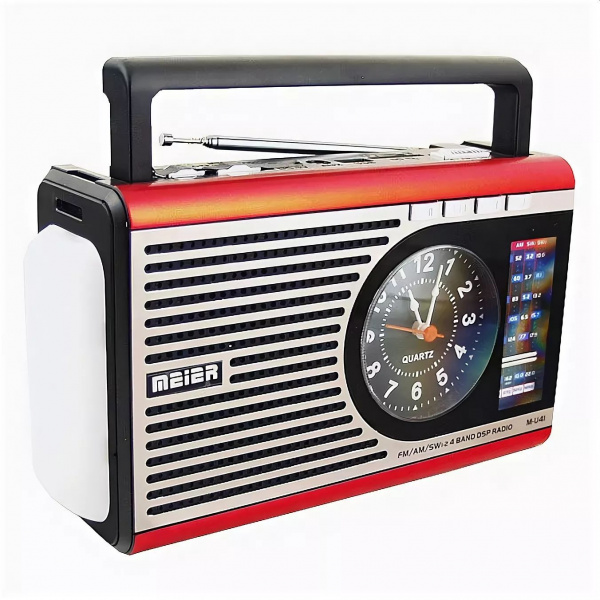 Радиоприёмник MEIER M-41BT +аккумулятор+USB/SD+фонарик+часы красный оптом