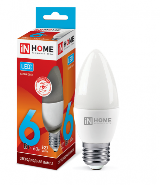 IN HOME лампа LED-СВЕЧА  6Вт Е27 4000К 480Лм хит продаж!!! оптом
