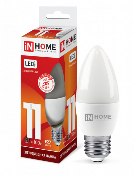 IN HOME лампа LED-СВЕЧА 11Вт Е27 6500К 820Лм хит продаж!!! оптом