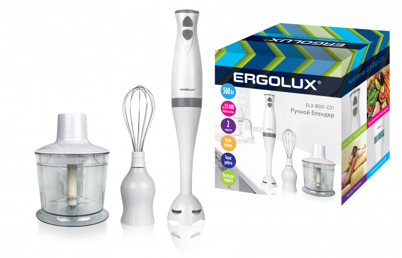 ERGOLUX Блендерный набор ELX-BS01-C31 бело-серый (измель-ль,венчик,500Вт) оптом